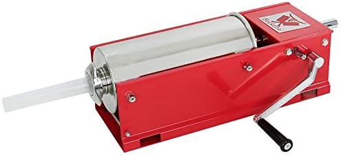 Beeketal \'MTH05\' Professional Gastro Sausage Filling Machine (5 Litres/Horizontal) SGS-Tested Sausage Filler with 2 Speed Full Metal Gearbox and Hand Crank, Steel Housing (Painted Red) Includes 4 Filling Nozzles