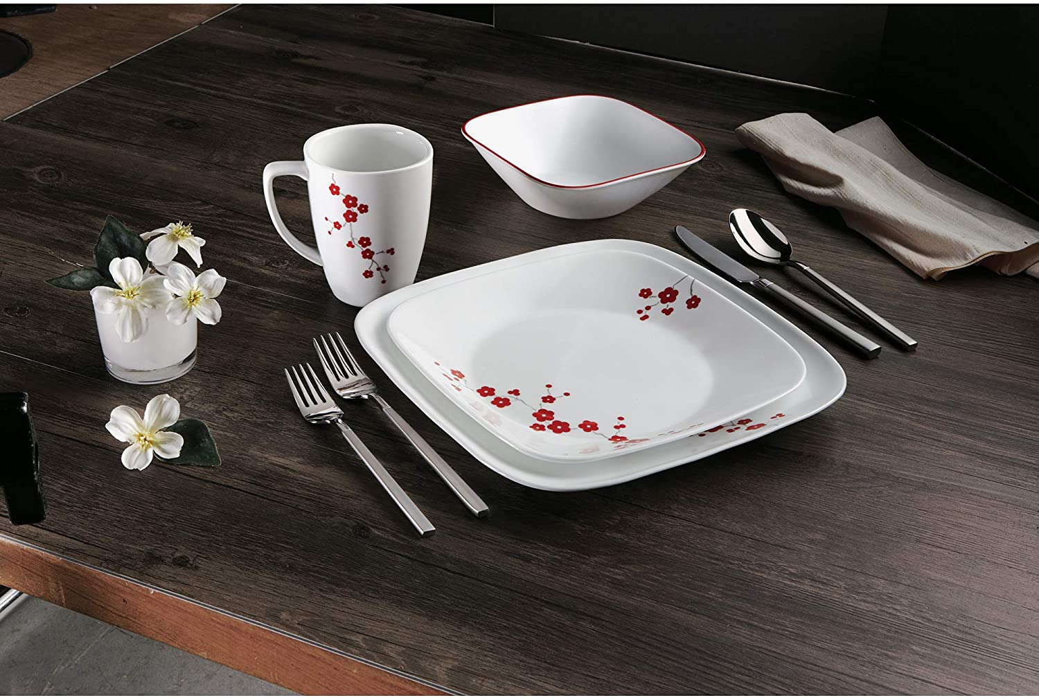Corelle 16-Piece Vitrelle Glass Hanami Gardens Chip and Break Resistant Dinner Set, Service for 4, Red