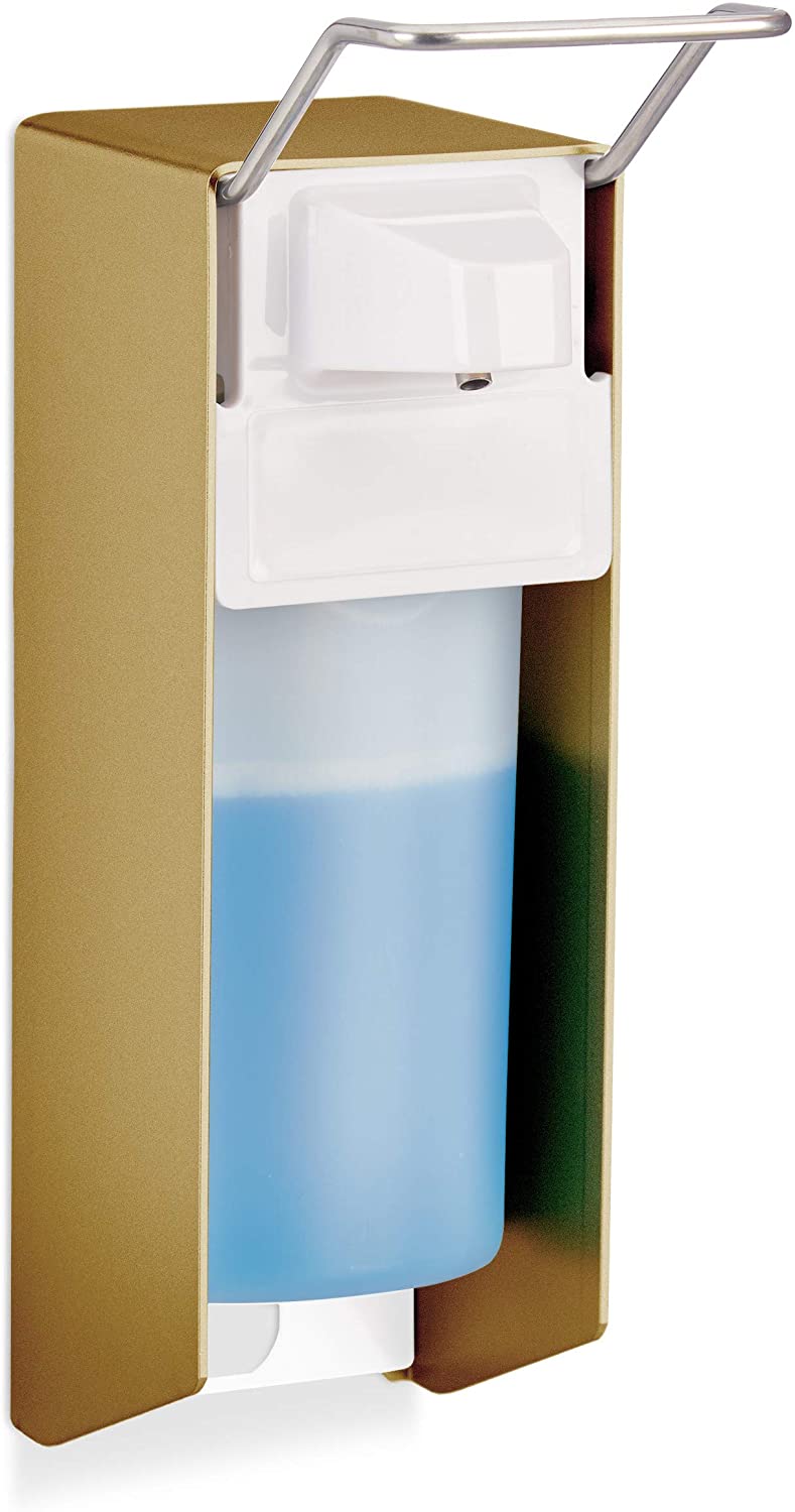 Relaxdays Euro Dispenser, 500 ml, Disinfectant, Soap, Elbow Lever, Wall Mount, Hygiene Dispenser, Gold