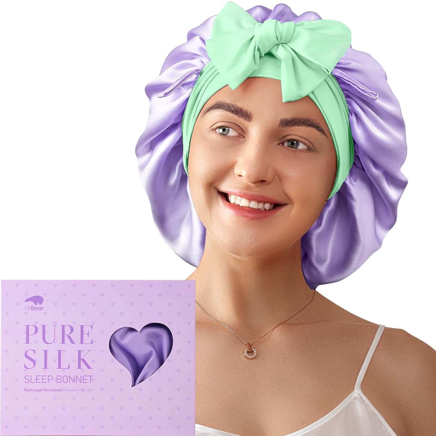 LitBear 100% Mulberry Silk Sleep Cap for Women, 6A 22 Momme, Large Double Layer Silk Hood with Elastic Band for Tying Non-Slip Silk Turban (Purple and Green)