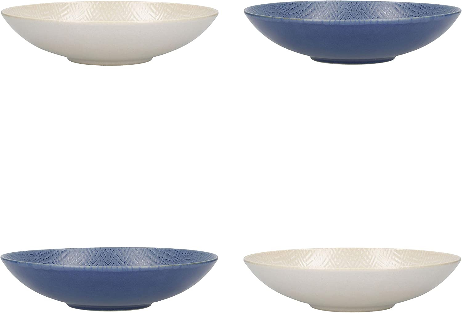 KC BLUE KitchenCraft Pasta Bowls Set of 4 in Gift Box, Ideal for Ramen and Rice, Lead-Free Glazed Stoneware, Embossed Blue/Cream, 22 cm