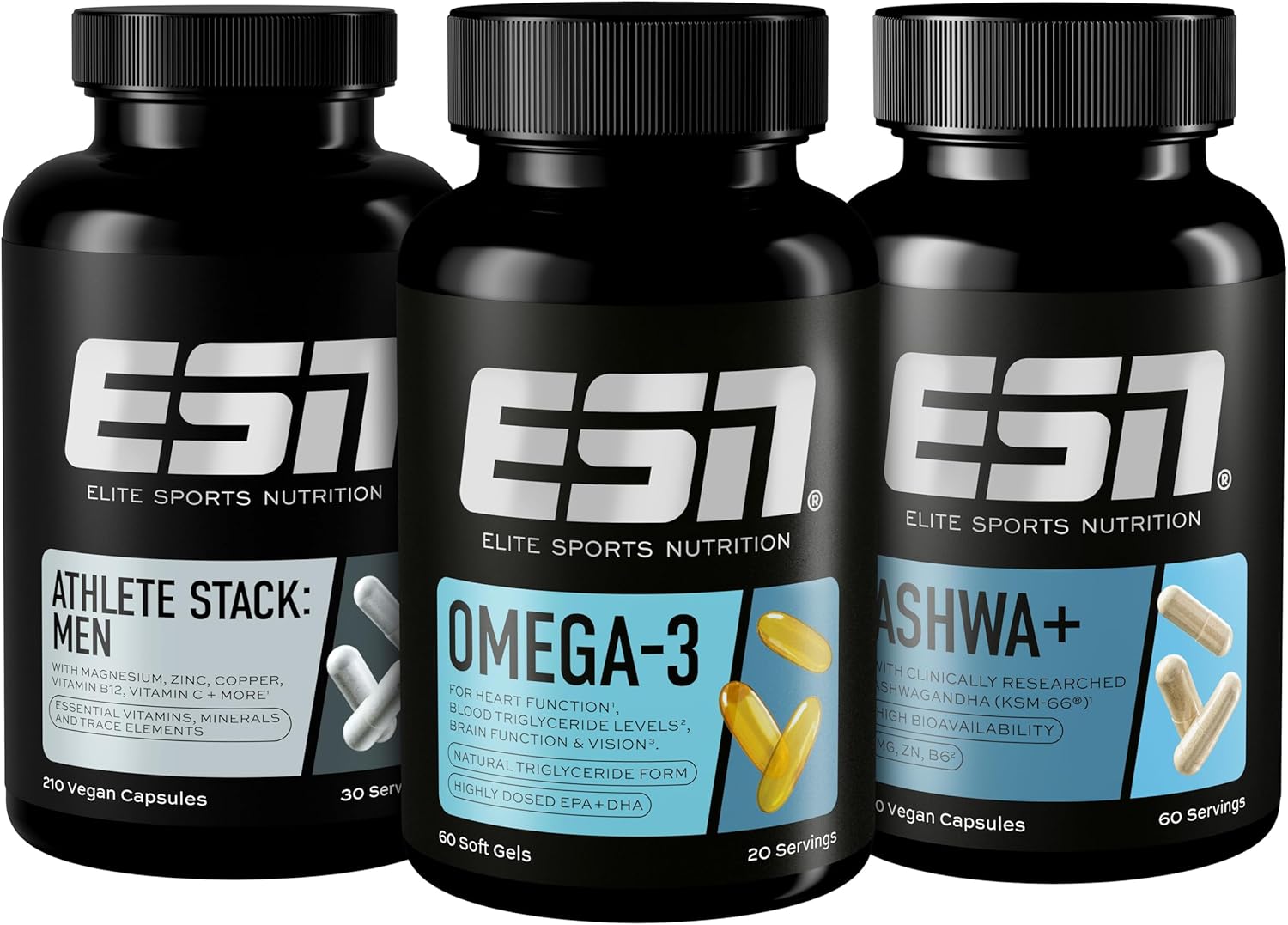ESN Performance Bundle, Pack of 3 Ashwa+, Athlete Stack Men & Omega 3, All Essential Vitamins, Minerals, High Dose Fish Oil & Ashwagandha Root Extract, KSM-66®