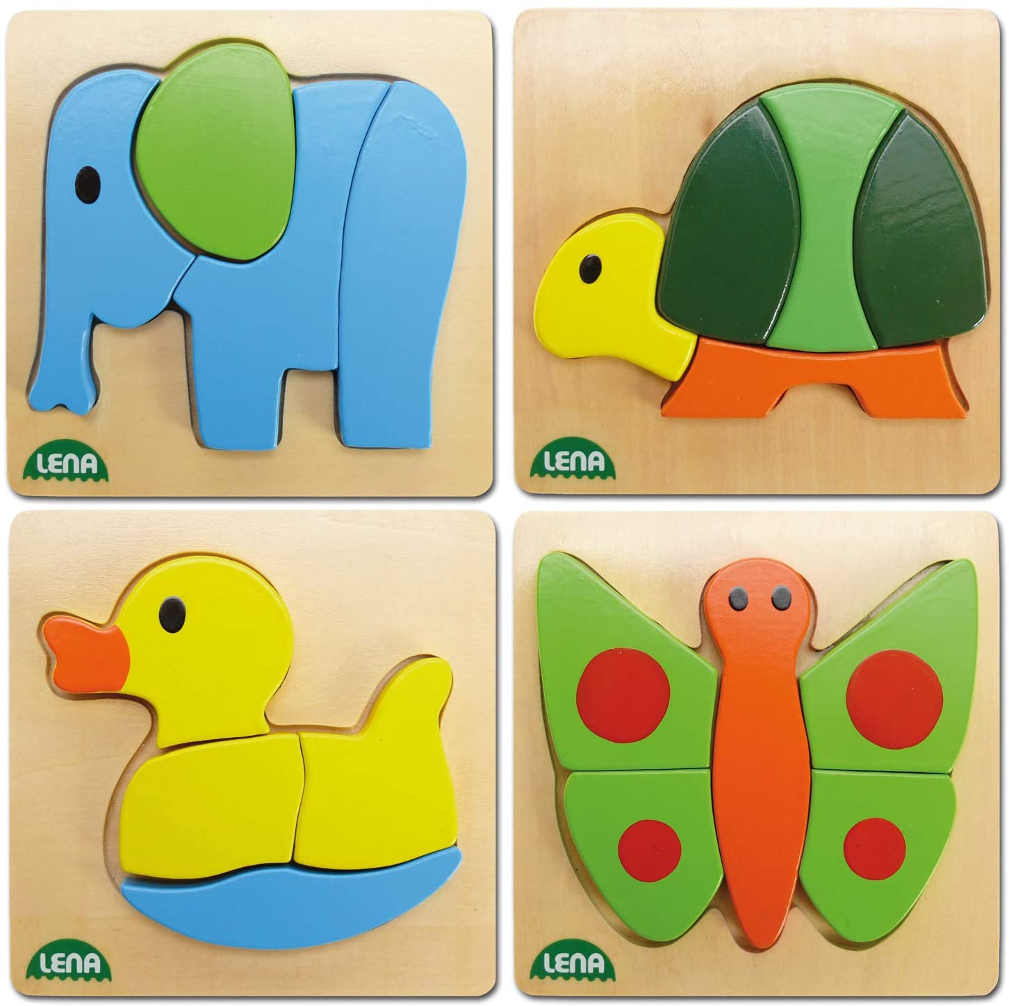 Lena 32060EC Wooden Puzzle Animals Set of 4 Different Puzzles Made of Wood 100% FSC-Certified 4 Laying Puzzles Each with 4 to 5 Pieces of Puzzle for Toddlers 18 Months and Above