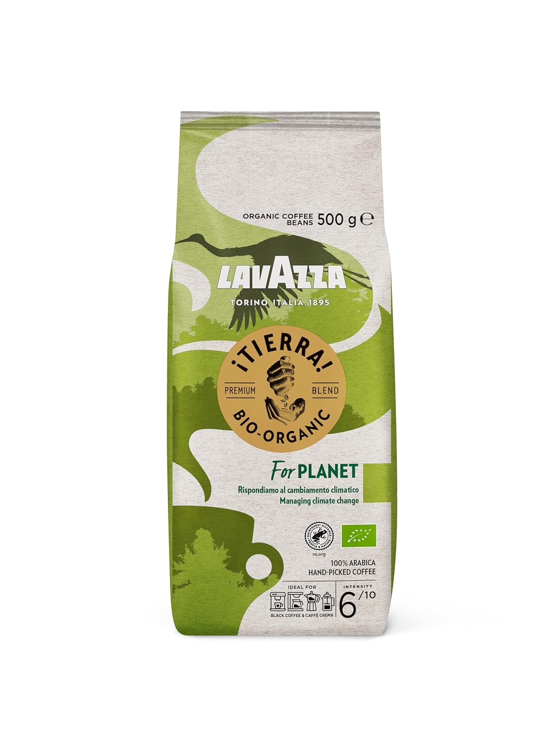Lavazza, Tierra For Planet, 100% Organic Arabica Coffee Beans, Ideal for Espresso Machines, Fruity & Floral Flavors, Mild and Fruity Flavor, Intensity 6/10, Light Roasting, 500 g Pack