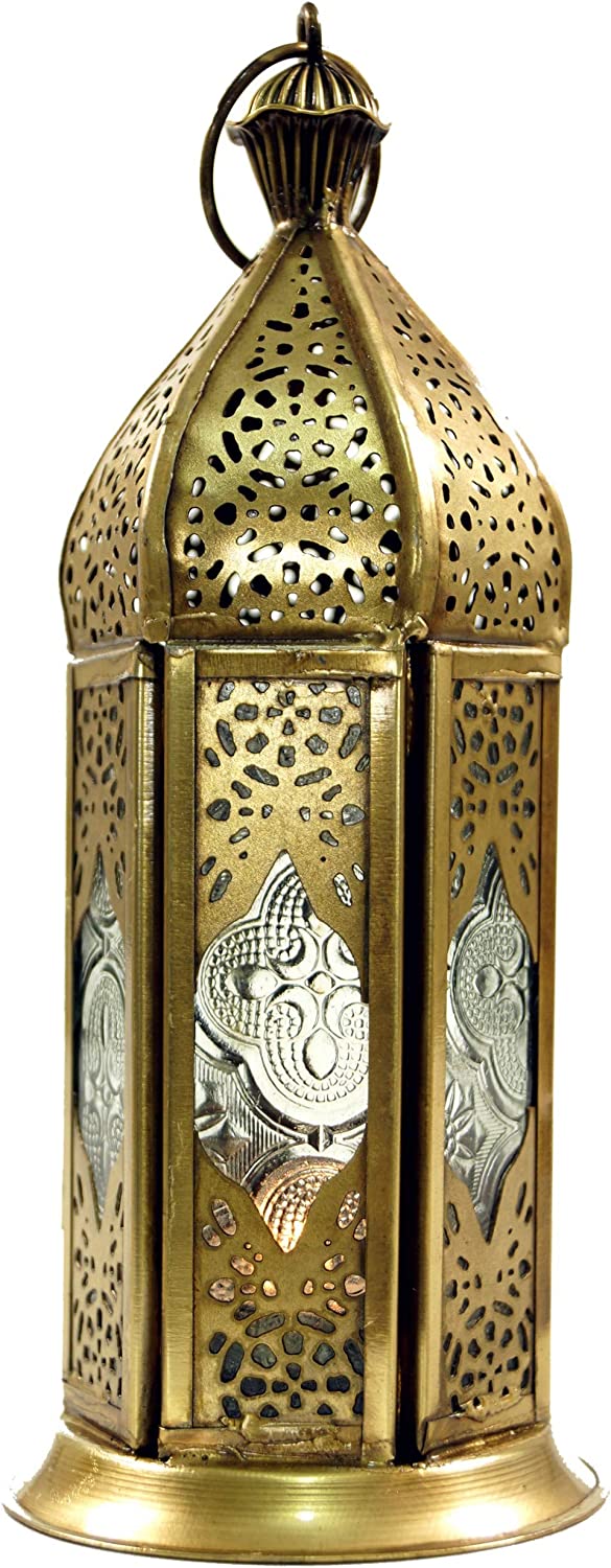 GURU SHOP Oriental Metal / Glass Lantern in Morrocan Design, Vintage Lantern, Yellow, 20 x 8 x 8 cm, Oriental Lanterns