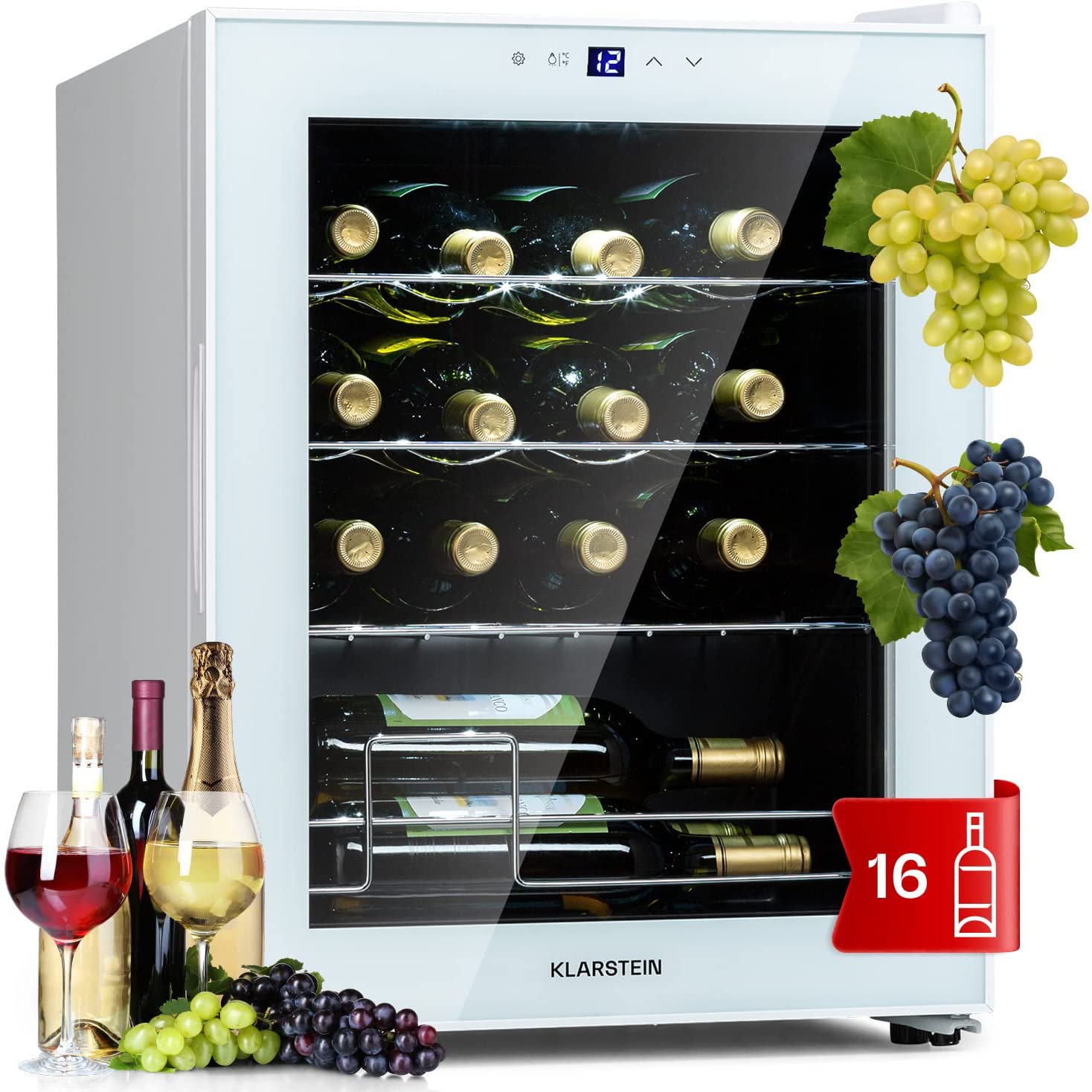 Klarstein Shiraz Wine Refrigerator 5-18°C 42dB Soft Touch Control Panel Wine Cabinet with LED Lighting, Wine Fridge Freestanding, 3 Shelves, 42 Litres, for 16 Bottles of Wine, White