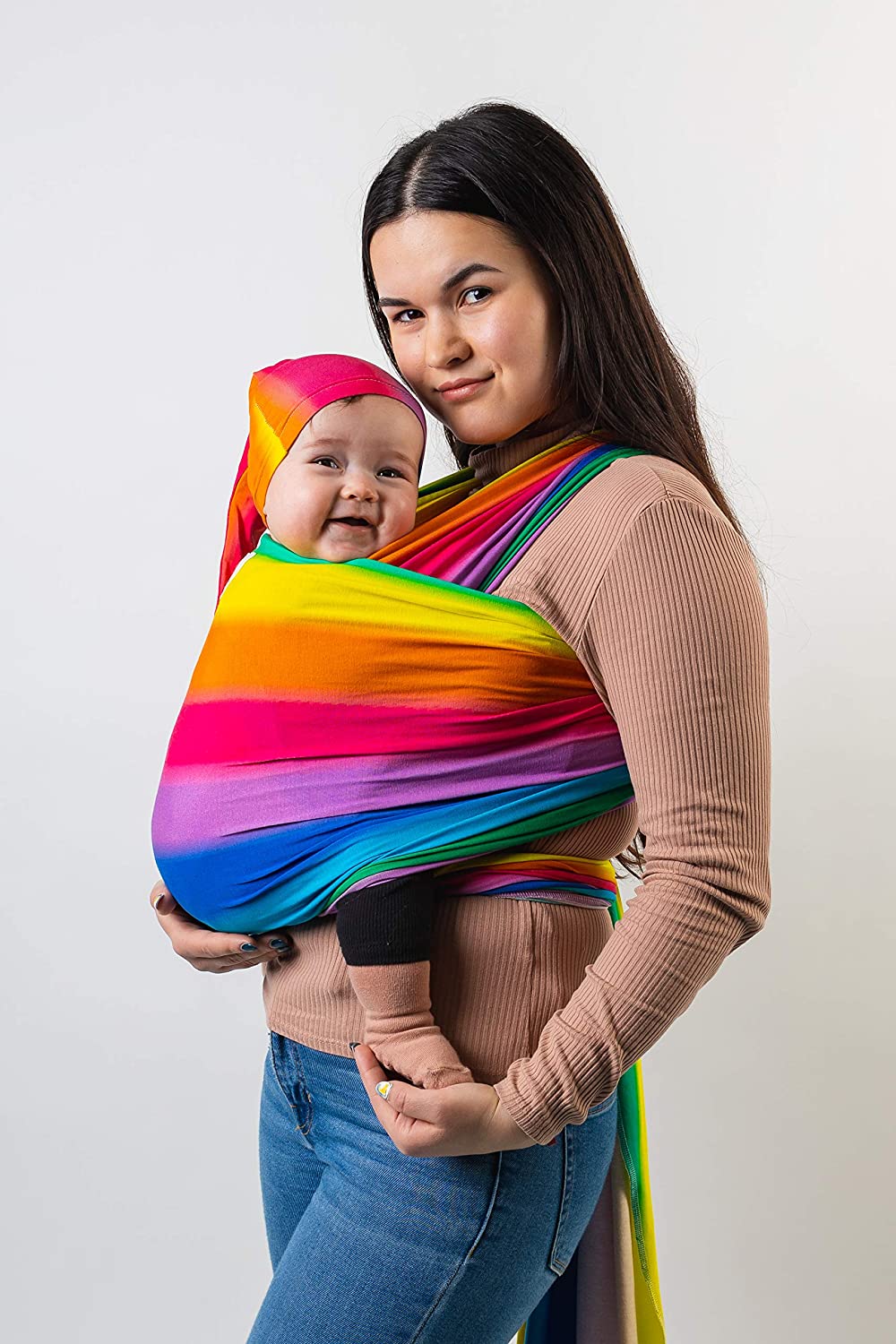 Organic Stretchy Baby Sling Carrier Premium Carrier Bag Tested in the UK/EU, Made in the UK by Joy and Joe, Suitable from Birth to 16kg, Includes Hat, Bag and Full Colour Instructions (Rainbow Colours)
