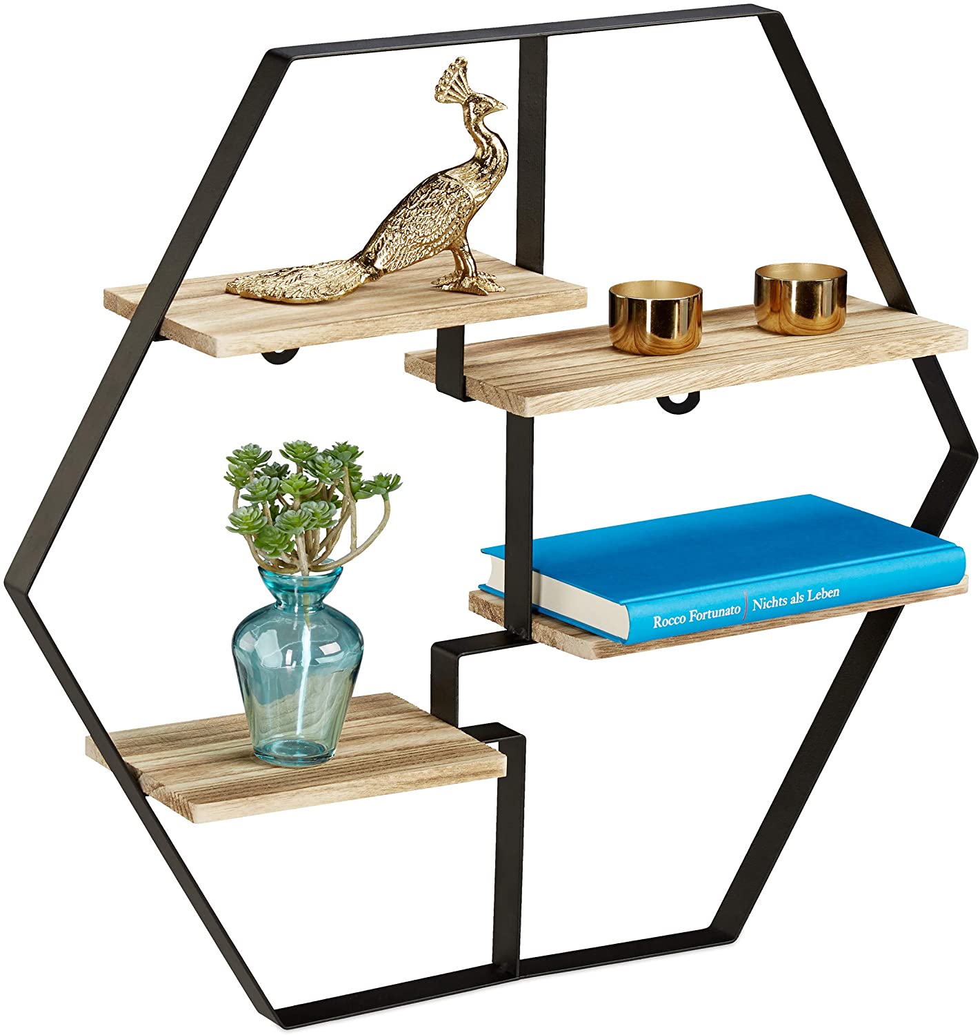 Relaxdays Hexagon Shelf For The Wall, 4 Shelves, Wood & Iron, Hexagonal Wal