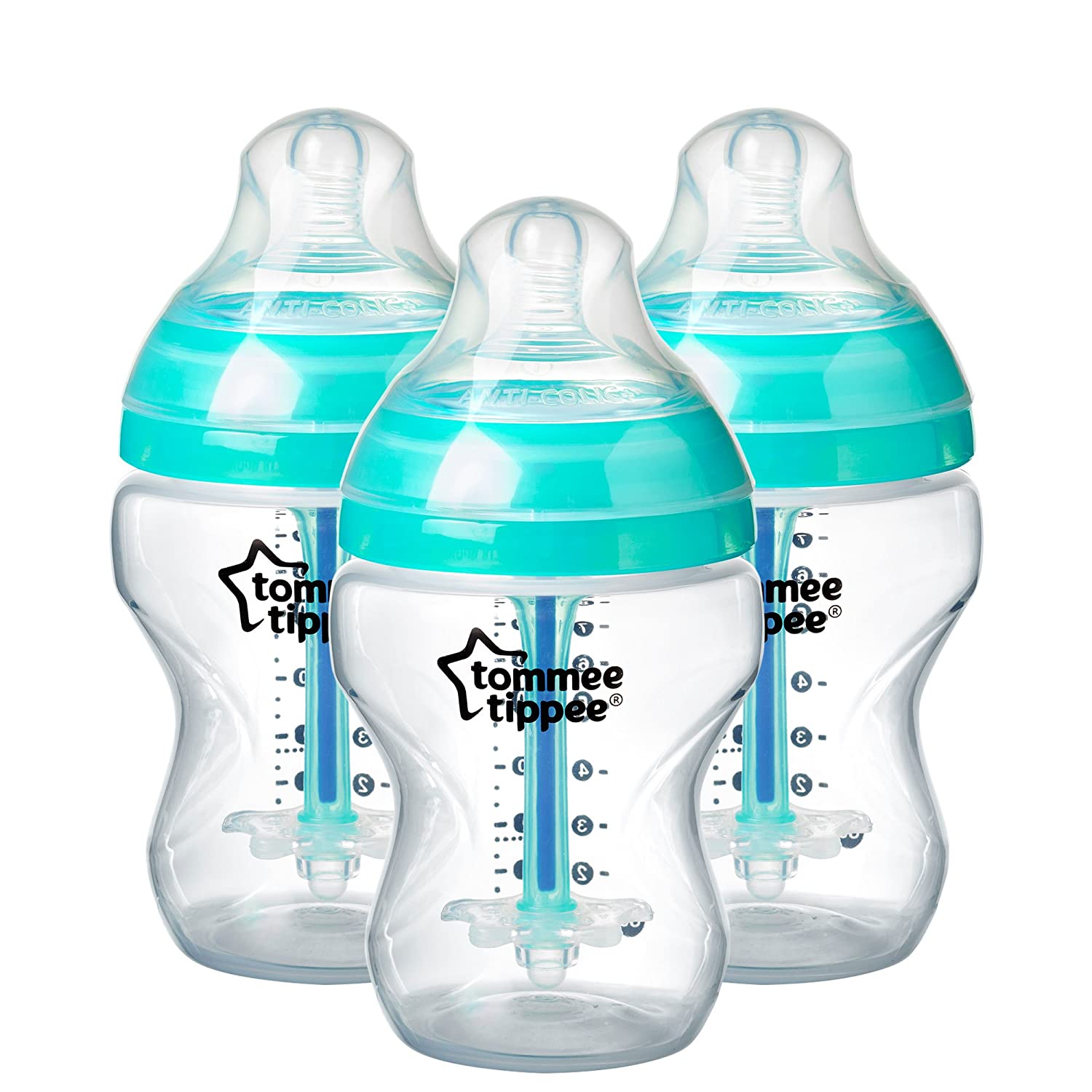Tommee Tippee Advanced Anti-Colic Baby Bottle, Breast-like Teat and Heat Sensor Technology, 260 ml, Pack of 3, Clear