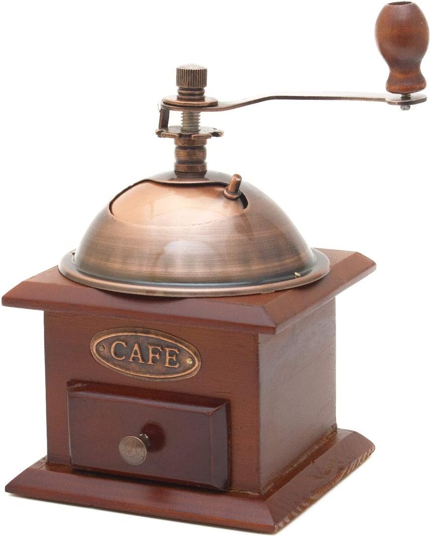Charming retro coffee grinder in antique design made of wood and brass, espresso grinder for coffee beans