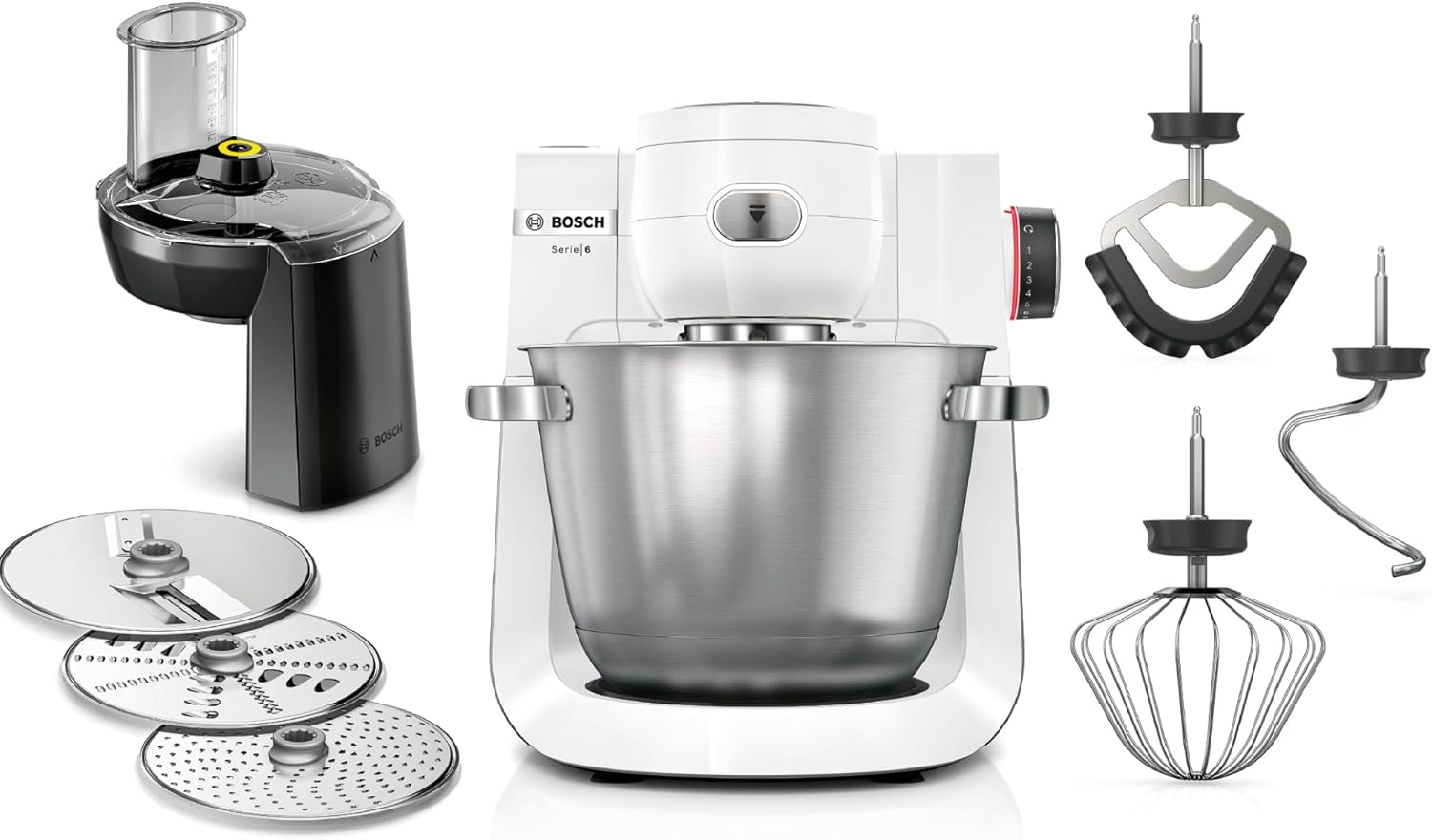 Bosch MUMS6EW13D Series 6 Food Processor 7 Speed ​​Levels, 5.5 L Bowl, Continuous Shredder, 3 Slices, Dough Hook, Whisk, Silicone Whisk, Dishwasher Safe, 1,600 W, Silver/White