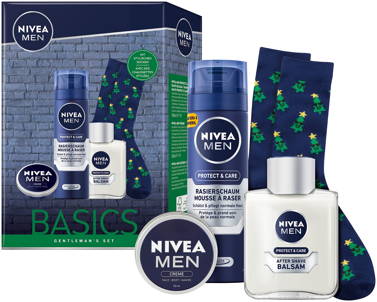 NIVEA MEN Basics Gentlemen\'s Set, Nourishing Gift Set for the Ideal Shave, Base Care Set with Shaving Foam, After Shave Balm and Festive Socks, ‎multicoloured