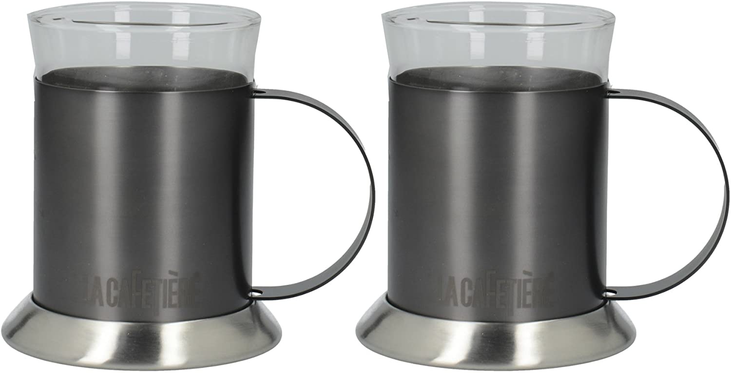 La Cafetière Edited Double Wall Glass/Metal Coffee Mugs, 7 fl oz - Gun Metal (Set of 2)