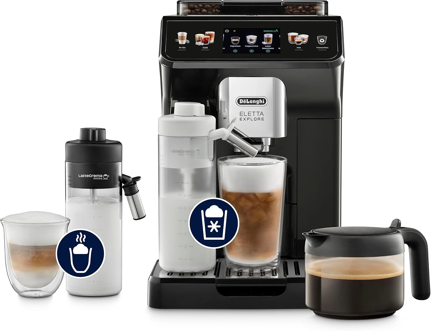 De\'Longhi Eletta Explore ECAM452.57.G Fully Automatic Coffee Machine with LatteCrema Milk System, Hot and Cold Drinks at the Touch of a Button, 3.5 Inch TFT Touchscreen Color Display, Coffee Pots