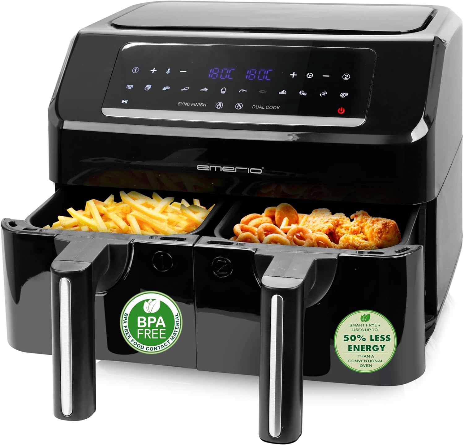 Emerio digital DOUBLE hot air fryer AirFryer Frying with hot air without additional oil 2x 3.6L volume 12 programs BPA free SYNC FINISH function (both finished at the same time) AF-130376.1