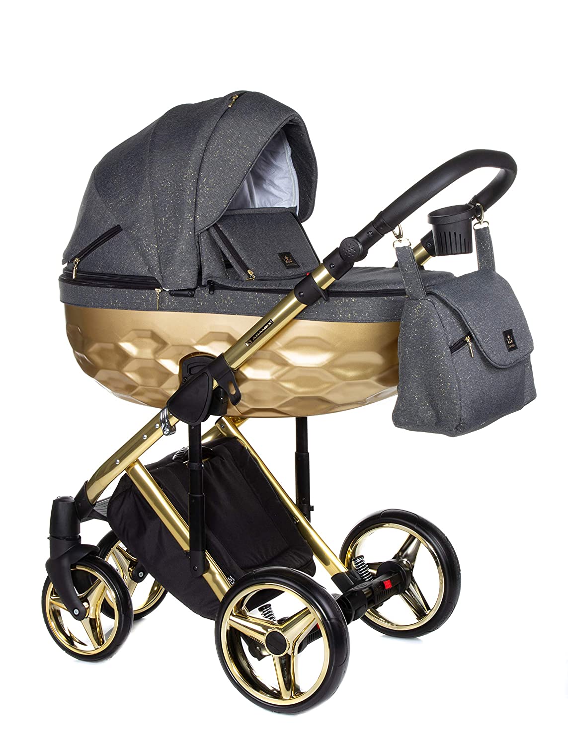 Adamex Chantal Pushchair Combination Pram Complete Set + Wail Bag with Changing Mattress + Film + Mosquito Net + Cup Holder and Winter Muffs (Star 1 - Gold Grey, 2 in 1)