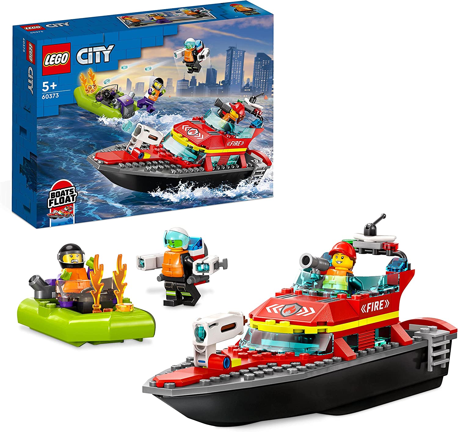 LEGO 60373 City Fire Boat, Toy Floats in the Water with Racing Boat, 3 Mini Figures and Jet Pack, Fire Brigade Boat Toy, Gift Idea for Boys and Girls from 5 Years