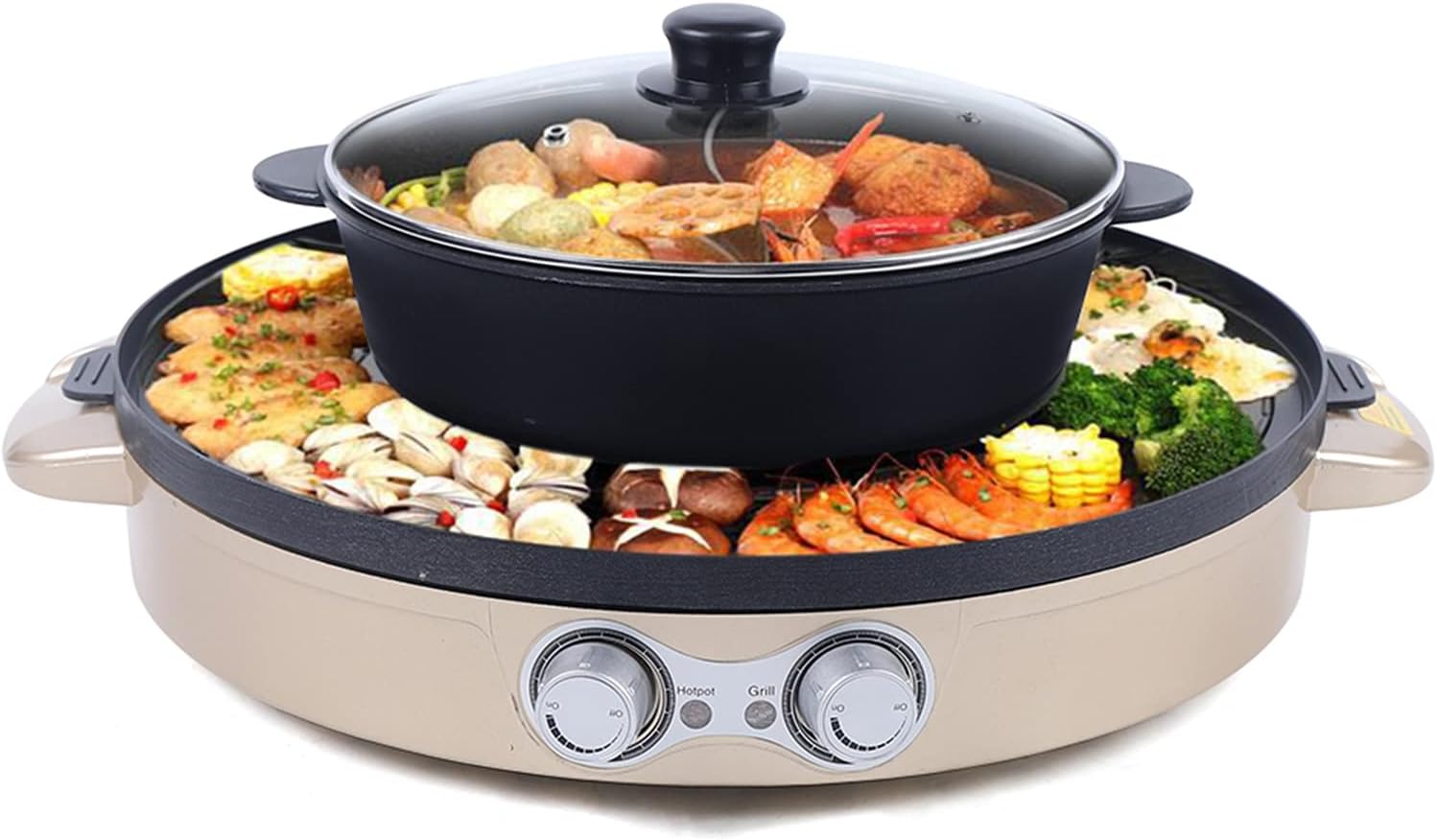 Hot Pot and Grill Plate, Electric Hotpot Pot 2200 Watt / 29 cm Diameter, Grill Plate 44 cm Diameter, Korean BBQ Grill Thai Barbecue Fondue Raclette for 2-6 People