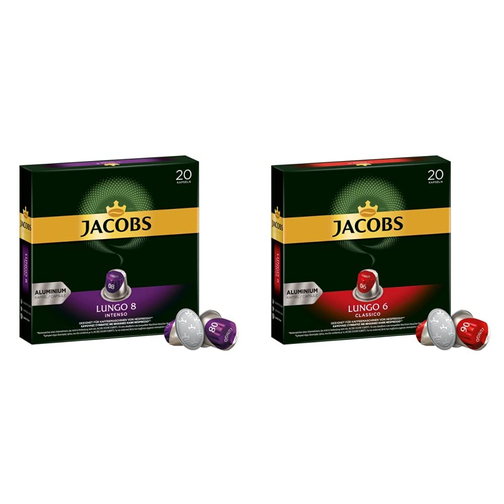 Jacobs Lungo Intenso Coffee Capsules, Intensity 8 of 12, 10 x 20 Drinks & Coffee Capsules Lungo Classico, Intensity 6 of 12, 20 Nespresso®* Compatible Capsules, 10 x 20 Drinks