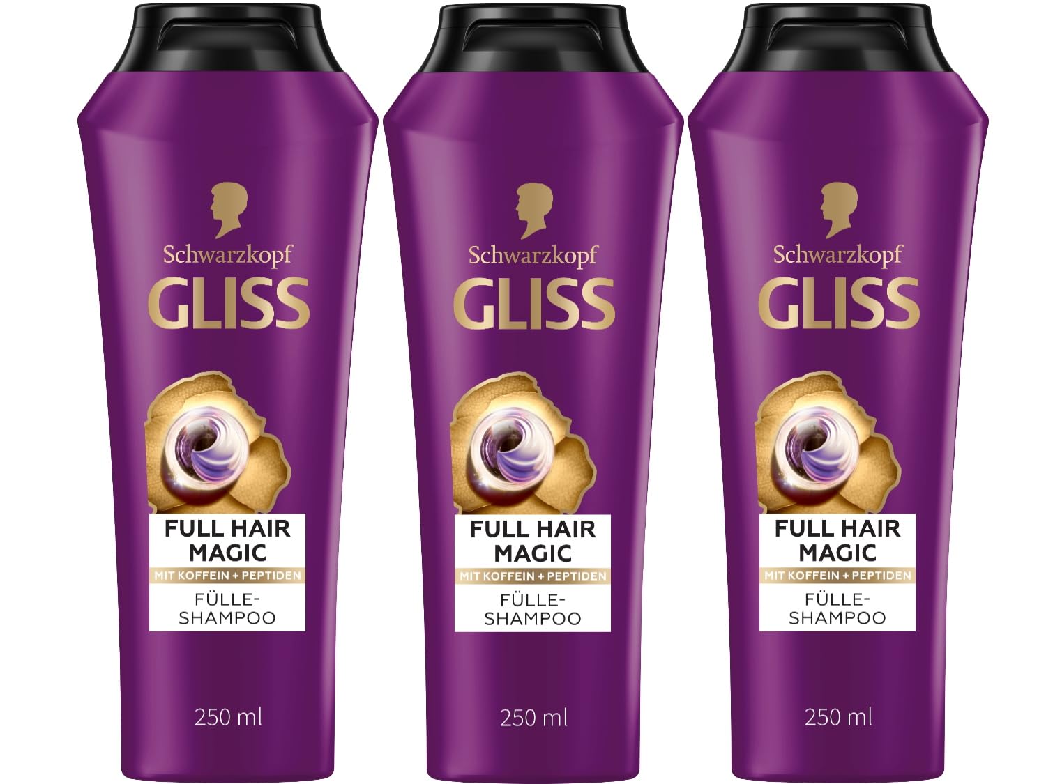 GLISS Full Hair Magic Fullness Shampoo (3 x 250 ml), Hair Shampoo with Caffeine & Peptides for Weak, Brittle Hair, Shampoo for Fine Hair Promotes Hair Root Activation