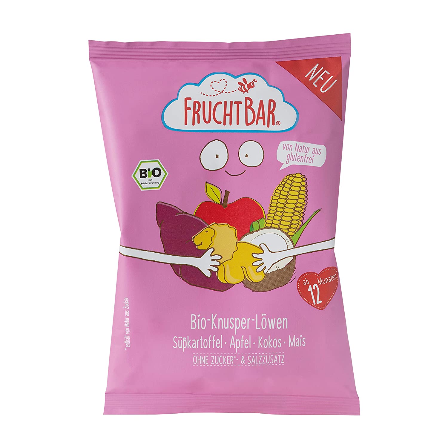 FruchtBar Bio-Knusper-Löwen Süßkartoffel, Apfel, Kokos, Mais; 8x30g