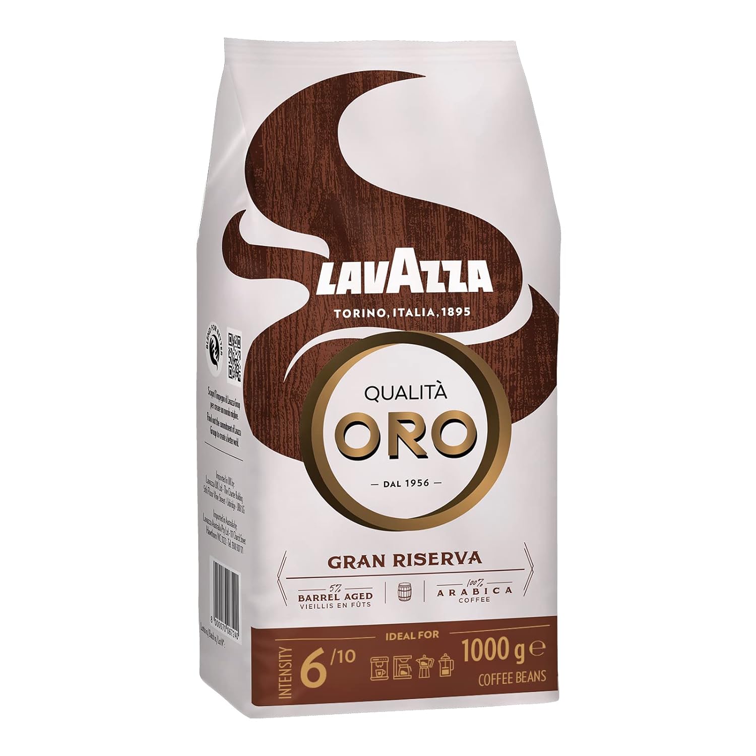 Lavazza, Qualità Oro Gran Riserva, Coffee Beans, Ideal for Espresso, Pleasantly Sweet, 100% Arabica Beans and 5% Beans Stored in Whiskey Barrels, Medium Intensity 6/10, Light Roast, 1 kg