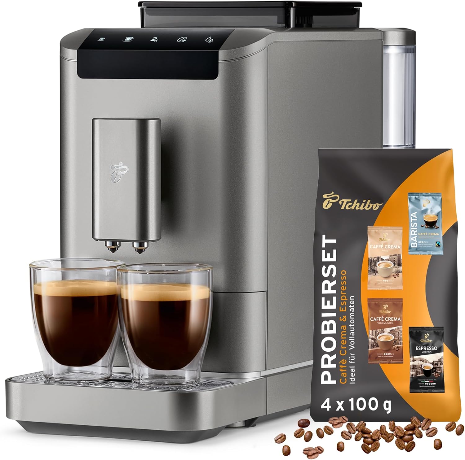 Tchibo Esperto2 Caffè Fully Automatic Coffee Machine with 2 Cup Function for Caffè Crema and Espresso, Titanium Silver - Includes Coffee Tasting Set