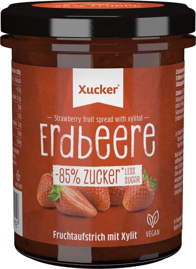 Xucker Fruchtaufstrich Erdbeere mit Xylit - Fruchtiger Brotaufstrich Erdbeere mit 74% Fruchtgehalt (