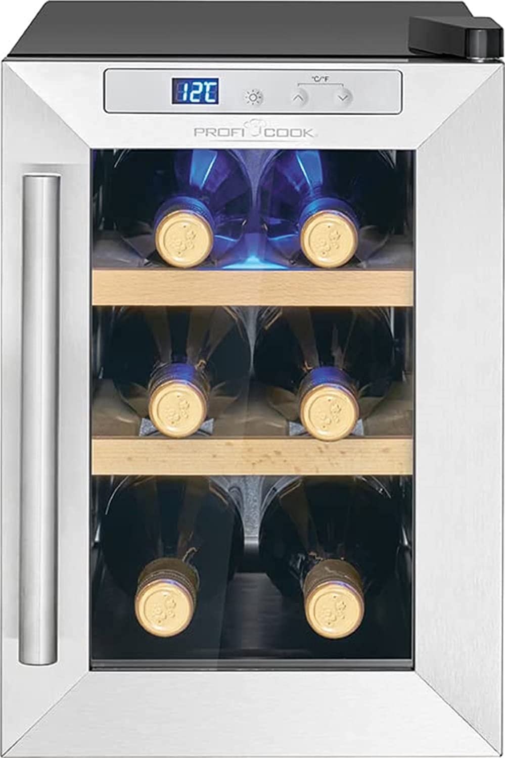 ProfiCook PC-WK 1231 Wine Refrigerator/Wine Refrigerator/Bottle Refrigerator for Red Wine, White Wine, Rose, Small, for 6 Bottles, LED Display, Stainless Steel/Black, 501231