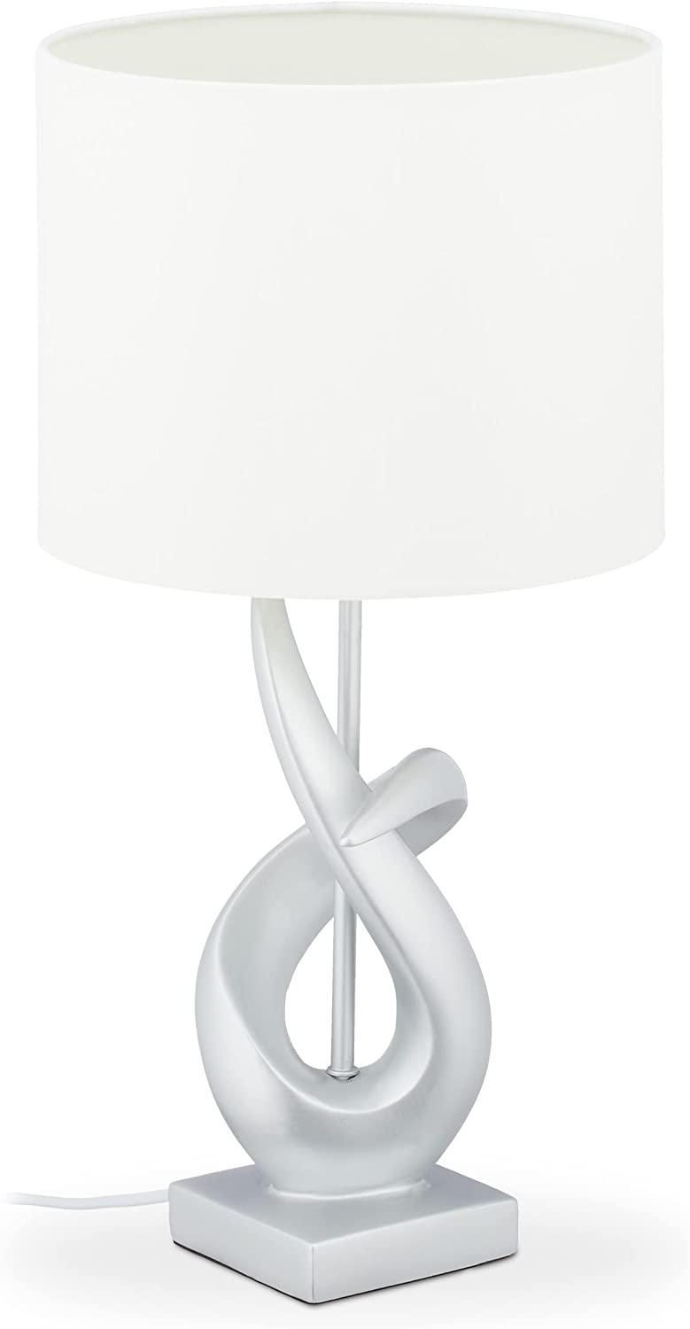 Relaxdays 10032239 Modern Table Lamp, Elegant Design, Table Lamp, Fabric Shade, E27, Designer Lamp, HxD: 50 x 25 cm, Silver/White