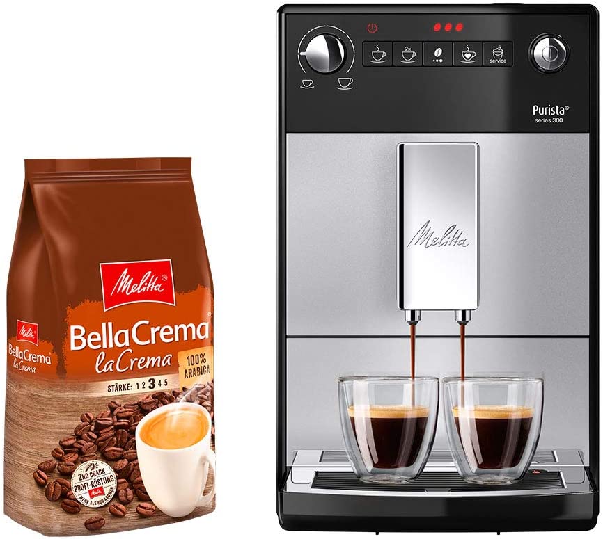 Melitta Purista F 230-101 Fully Automatic Coffee Machine Silver/Black + Melitta BellaCrema LaCrema Whole Coffee Beans FREE with COUPON Activation