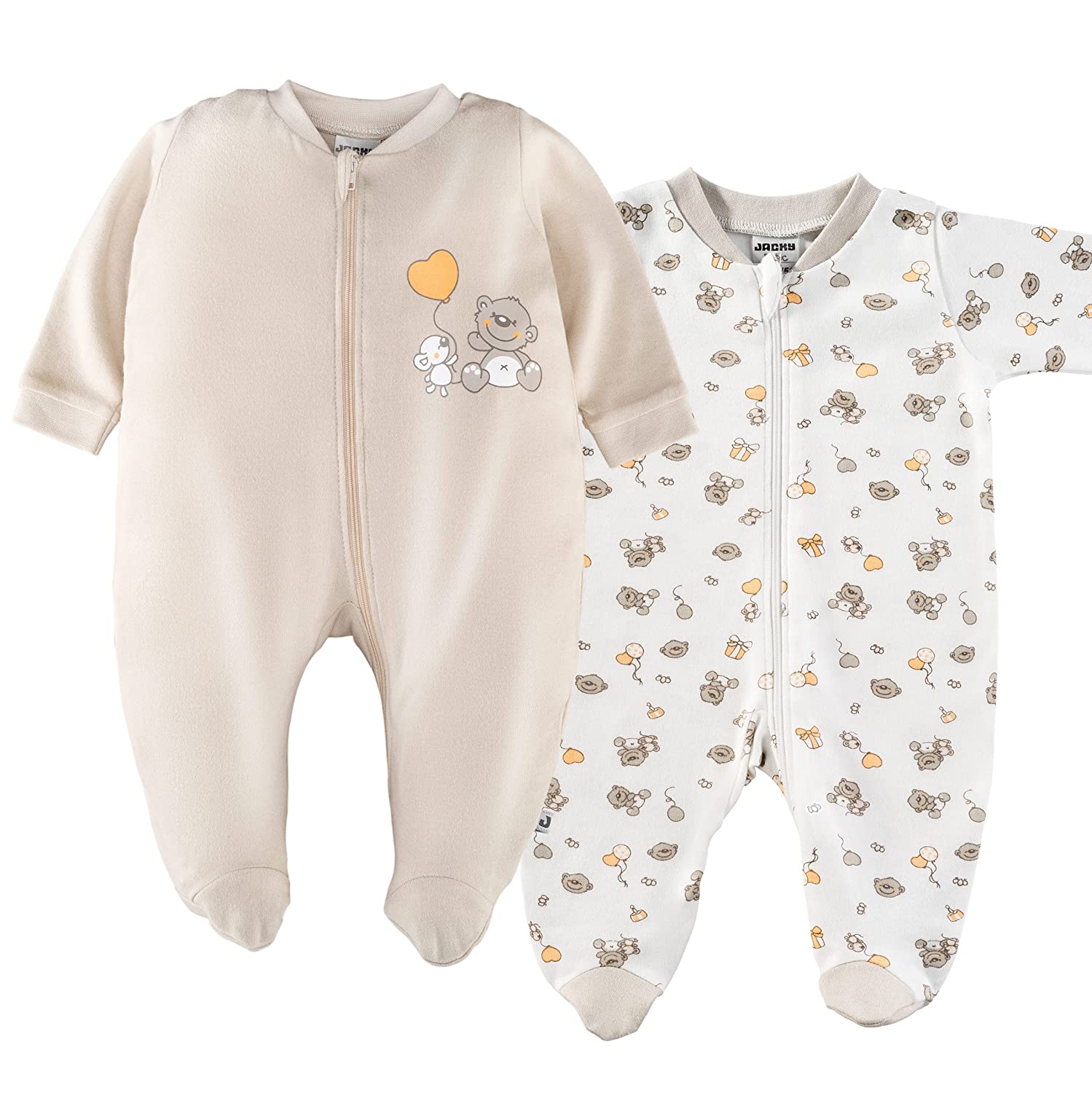 Jacky Baby Sleep Rompers / Pyjamas with Feet / Unisex / 100 % Cotton / White / Beige / Öko-Tex tested, Set of 2 62/68 White / beige