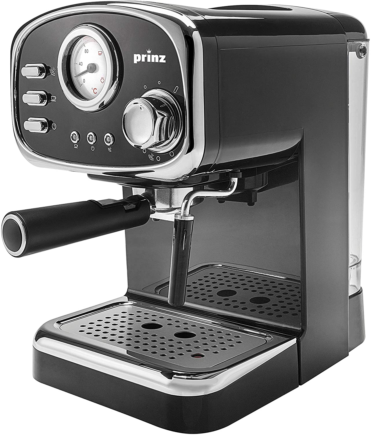 Prinz Espresso Machine in Retro Design - Milk Frother Nozzle - 1.25 Litre Removable Water Tank