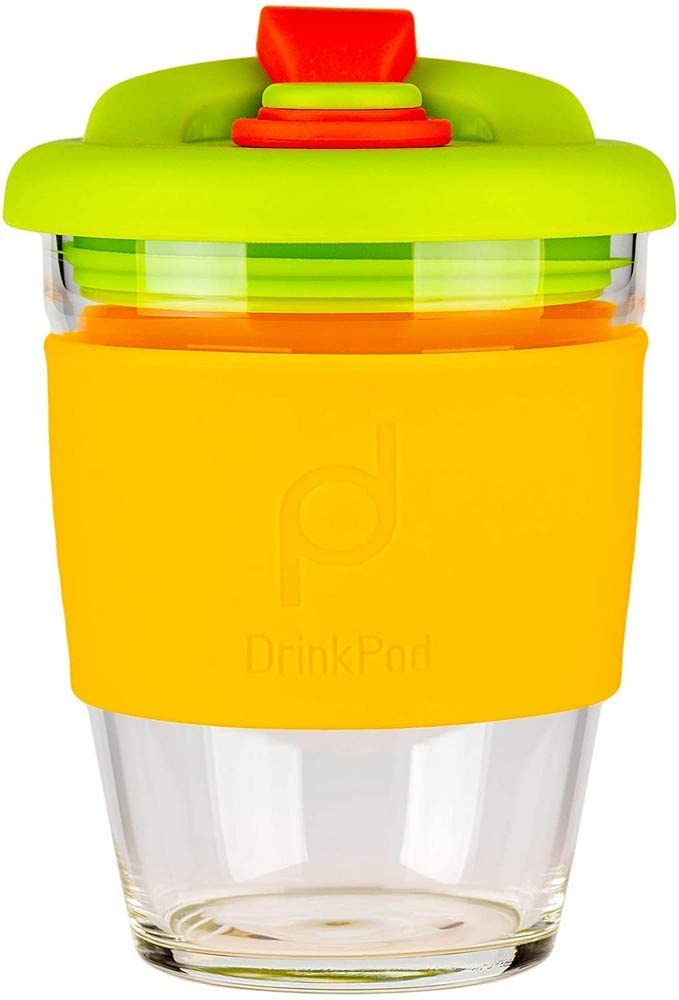 DrinkPod RGC-340/O Reusable BPA Free 340ml 12oz Glass Coffee Mug Travel Mug - Autumn, ORANGE