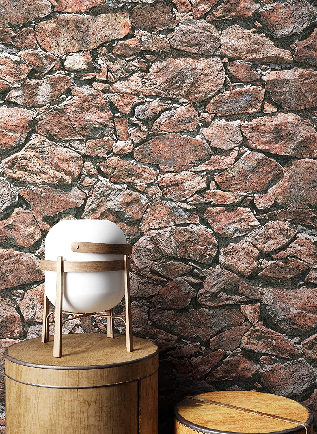 Newroom Stone Wallpaper Brown Wall Stone Modern Non-Woven Wallpaper Red Mod