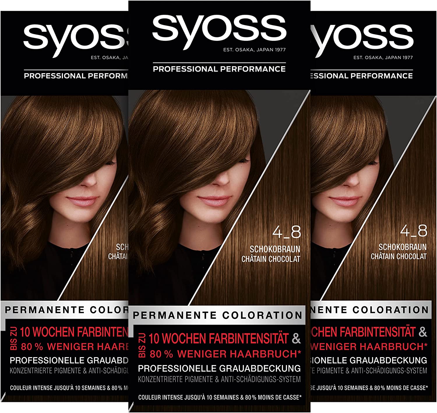 Syoss Colour Coloration 4_8 Chocolate Brown Level 3 (3 x 115 ml), Permanent Colouration for up to 10 Weeks of Colour Intensity and 70% Less Hair Breakage*, ‎chocolate