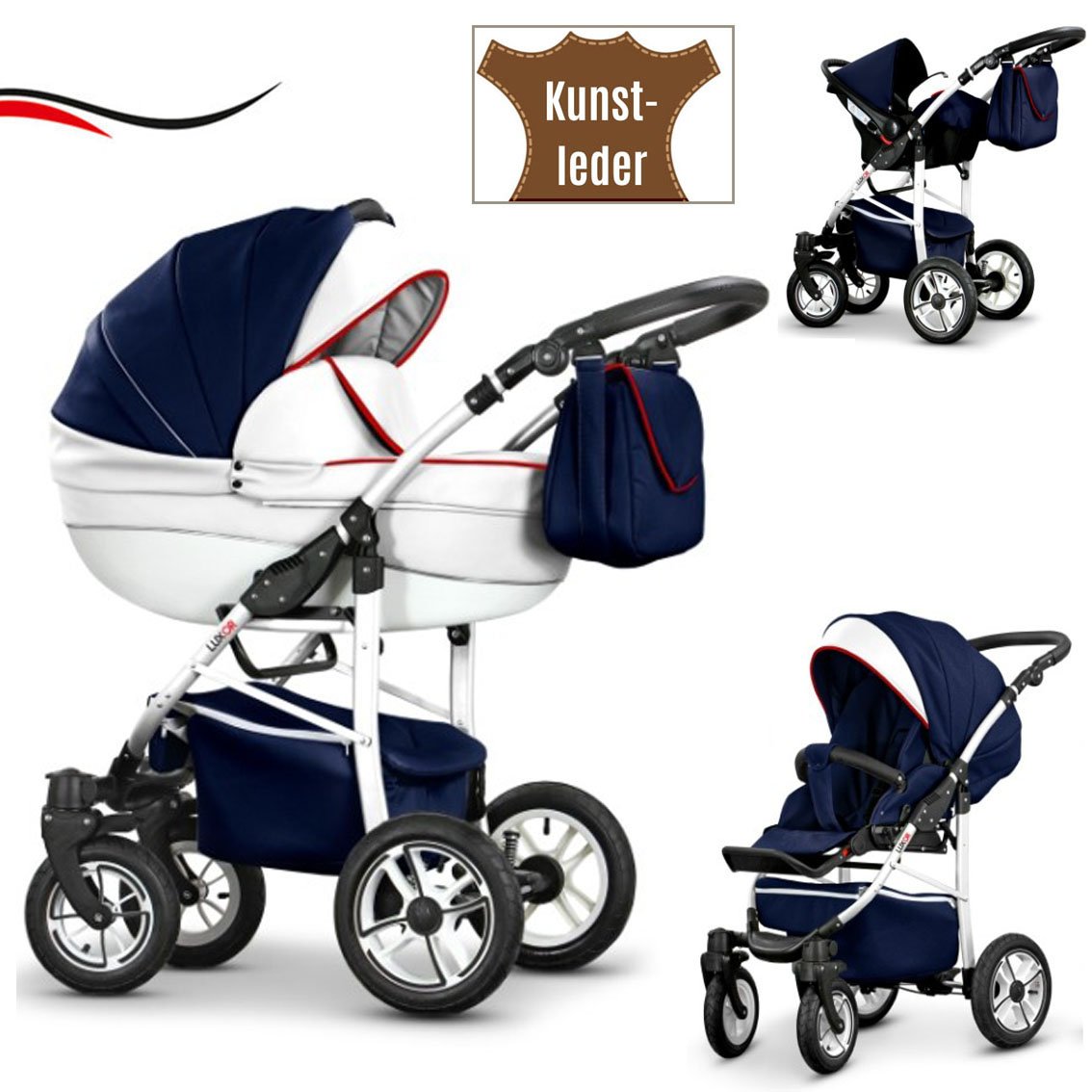 16-Piece Quality Travel System 3-in-1 \"Cosmo-Eco\" - Faux Leather: Pushchair + Buggy + Car Seat + Swivel Wheels - Mega Equipment - All Inclusive Package in 37 Great Colours