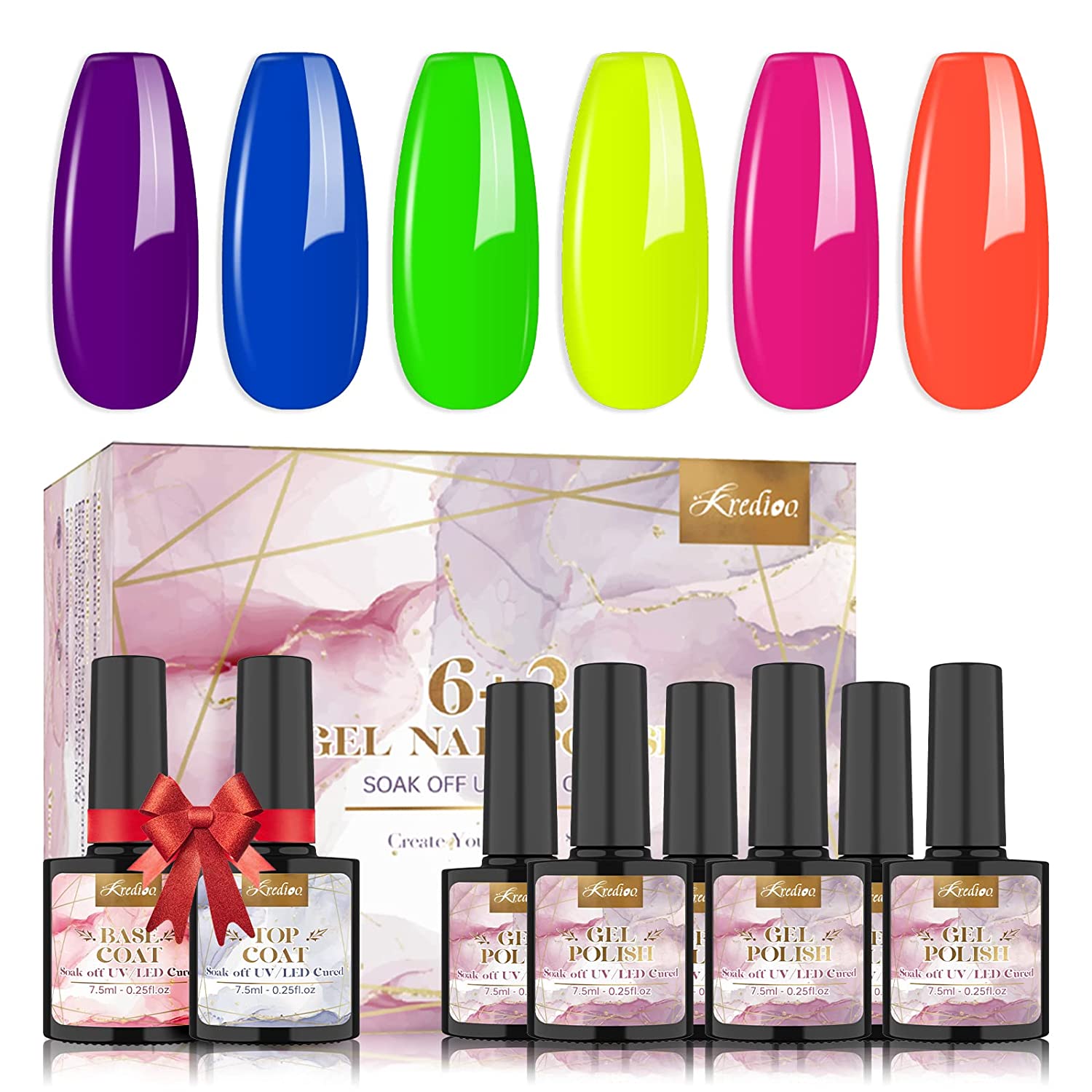 Kredioo UV Nail Polish, 8 Pieces Gel Nail Polish Set Fluorescent Colour Shellac Nail Polish Colours with Base & Top Coat Gel Nails Set for Nail Studio Design DIY Home, ‎fluorescent