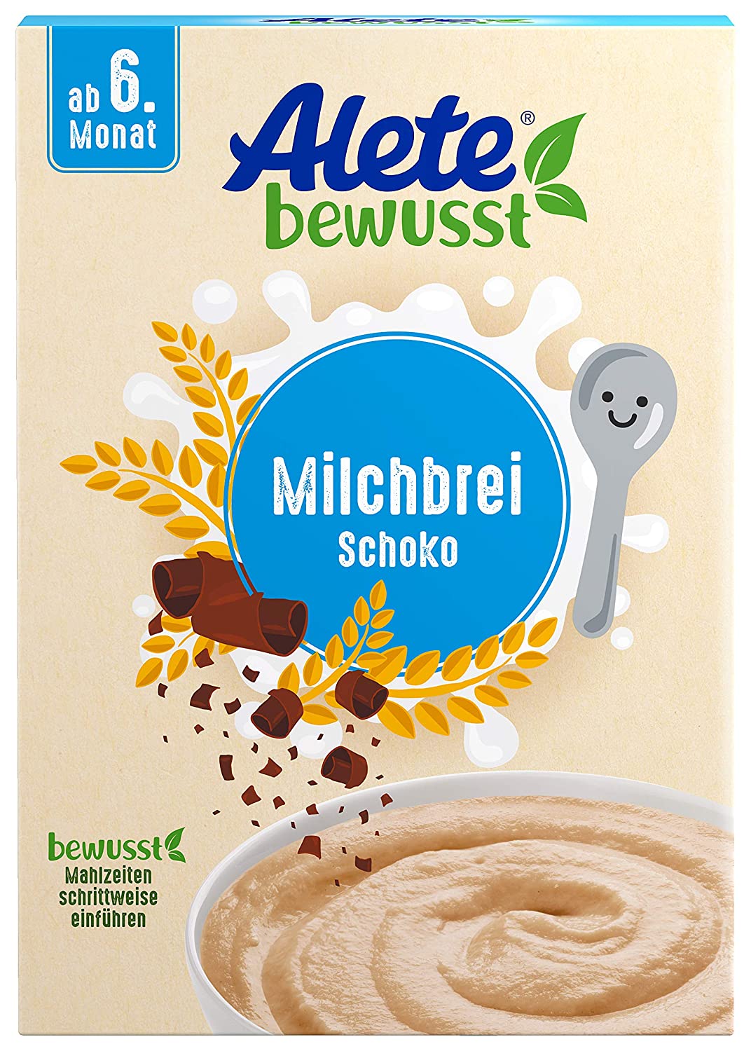 Alete bewusst Milchbrei Schoko, ab dem 6. Monat, Babynahrung mit Weizengrieß, Kakaobutter & Vanille-Aroma, Milch-Getreidebrei für morgens & abends, 400 g
