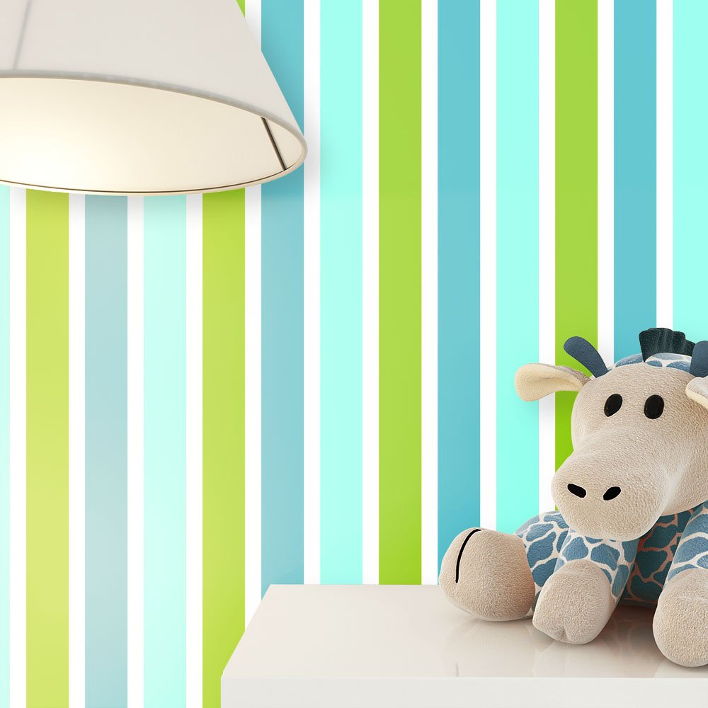 Newroom Green Non-Woven Wallpaper For Children Kids Blue Stripes Beautiful 