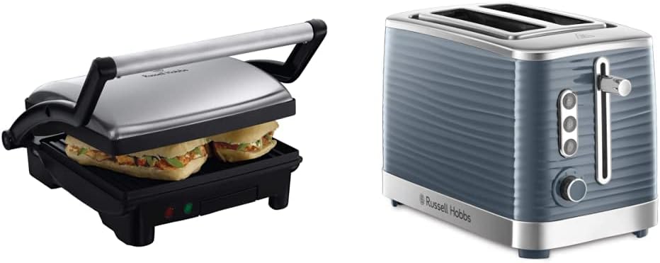 Russell Hobbs Contact Grill [3-in-1: Table Grill - Open Grill Plates and Toaster [for 2 Slices] Inspire Grey with High-Quality High-Gloss Structure Extra Wide Toast Slots Including Bun Attachment