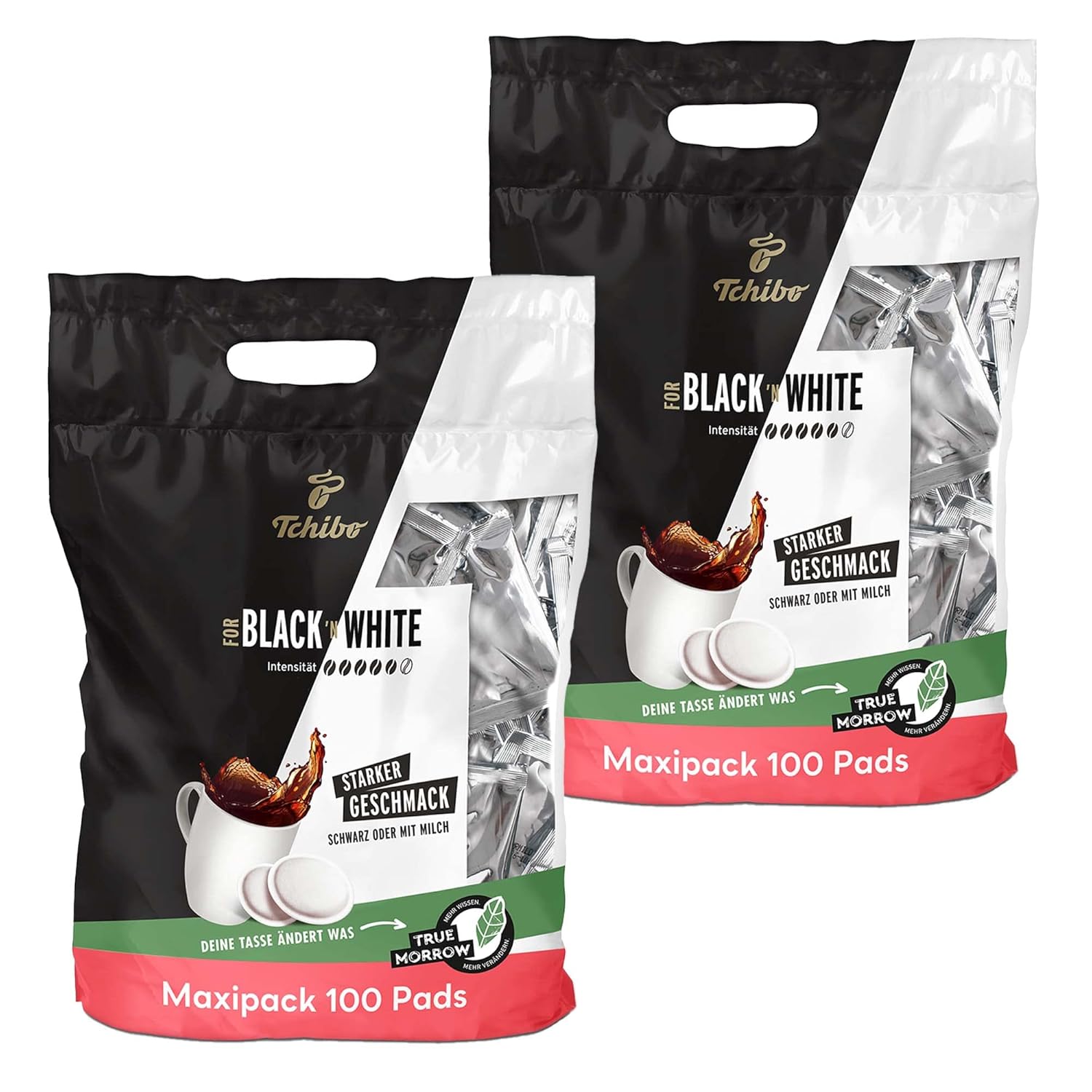 Tchibo Coffee Pads Storage Pack Maxi Pack, Black & White, Pack of 200 - 2 x 100 Pads (Coffee, Strong with Strong Taste), Sustainable, Suitable for Senseo Machines