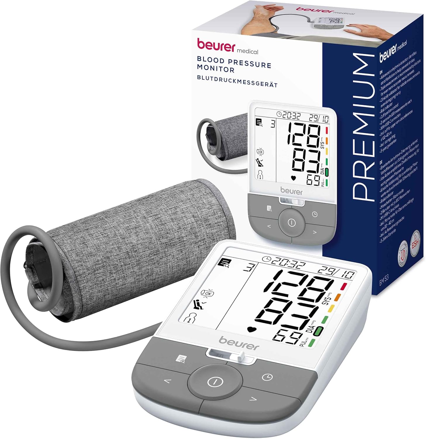 Beurer BM 53 Upper Arm Blood Pressure Monitor, Made in Europe, Clinically Validated, Detection of Atrial Fibrillation (AFib) for Stroke Prevention, with Risk Indicator, for Arm Circumference of 22-42