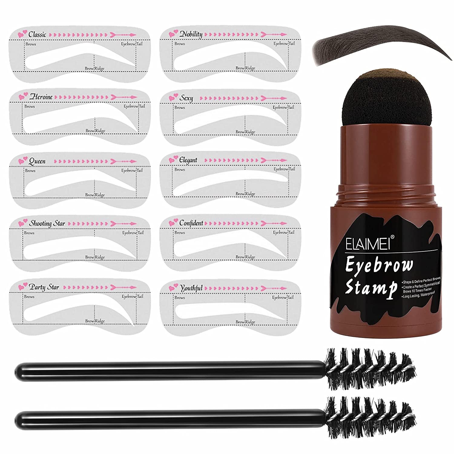 Vinimay Eyebrow Stamp Shaping Set with 10 Reusable Eyebrow Stencils and 2 Eyebrow Pen Brushes, One Step Brow Definer Powder Stamp, Waterproof (Medium Brown), ‎medium brown