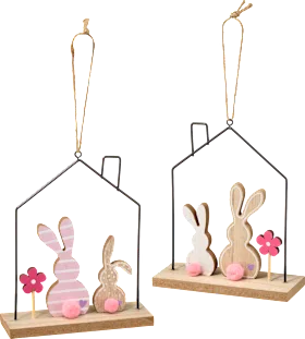 Metal house with wooden bunnies, natural pink, 1 piece