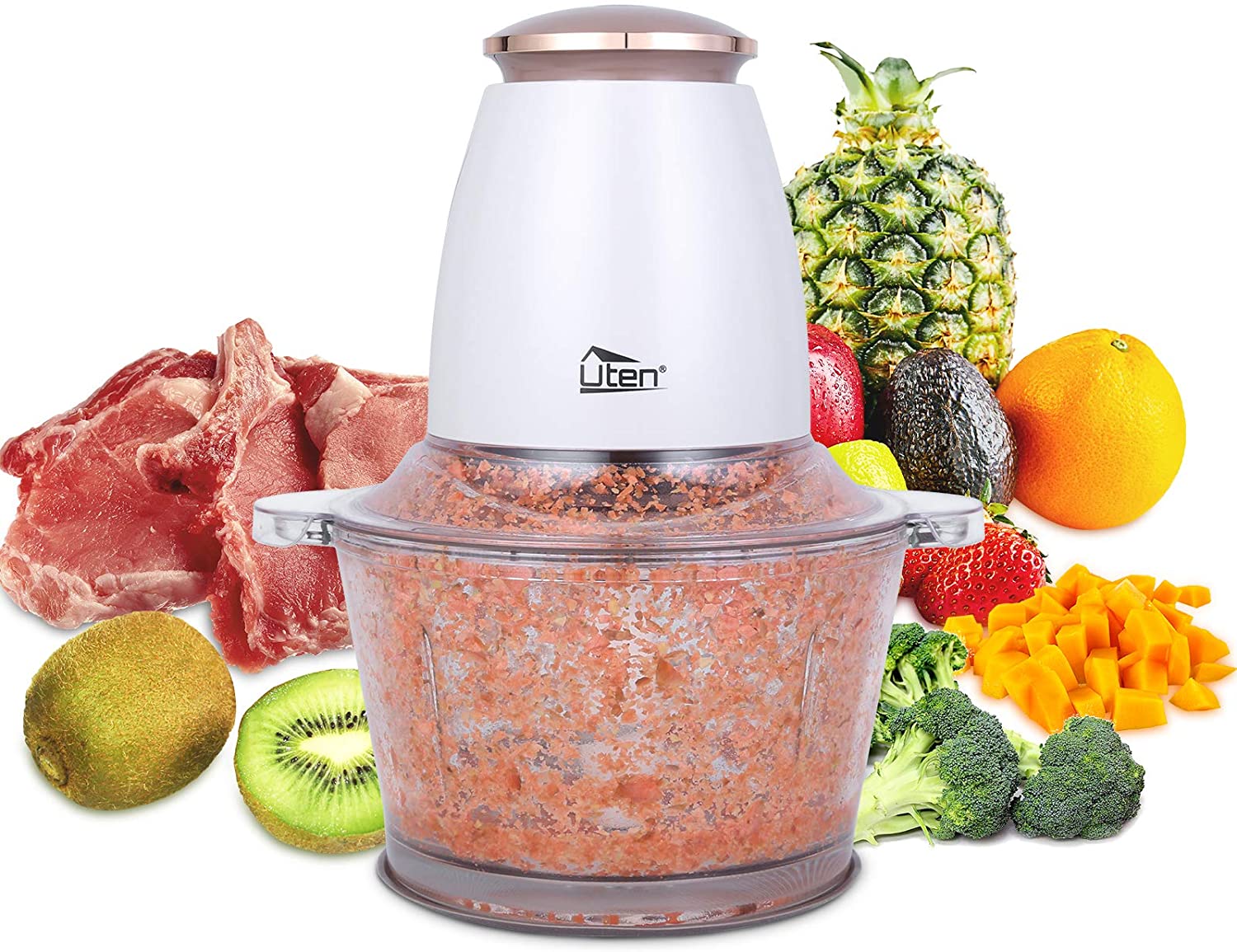 Electric Uten 400 W Elek Vegetable Cutter / Onion Cutter / 1.5 L Glass Container / Pulse / Splashproof Meat Grinder with 4-Wing Stainless Steel Knife for Meat, Smoothies, Onions, Fruit, Vegetables