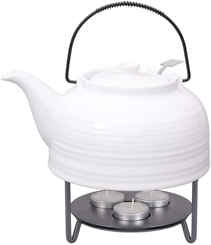 Tea4chill Nelly Tea Set Modern teapot 1.5 litre in white and white made of heat-resistant ceramic with stainless steel filter and metal warmer