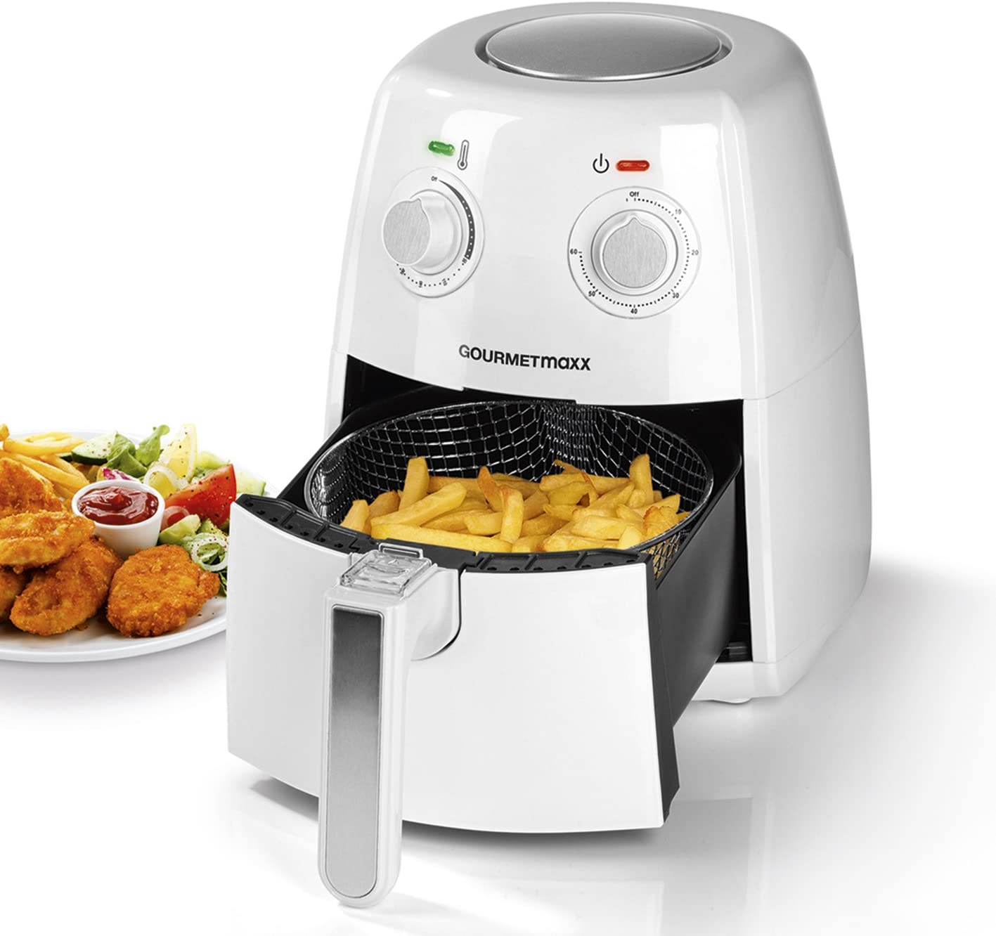 GOURMETmaxx Fryer with XL Basket | Hot Air Fryer without Fat | Hot Air Oven for Low Fat Frying | Timer Function and Temperature Control [White/2.5 Litres]