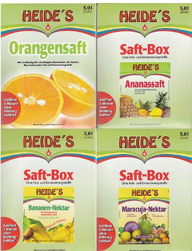\"Saftbar-Südsee\" (1 x Orangen-, 1 x Ananas-Saft, 1 x Bananen-, 1 x Maracuja-Nektar), je 5 Liter