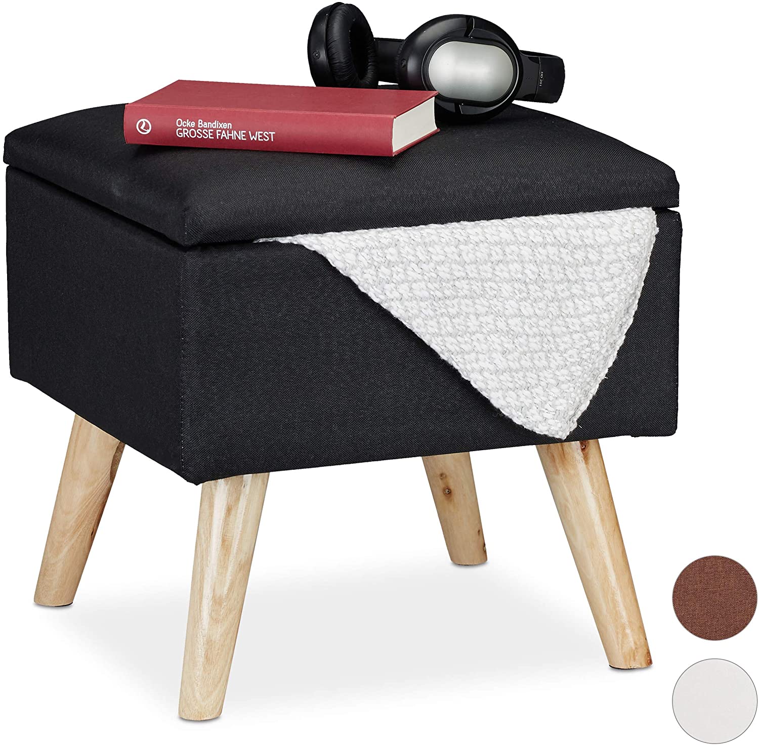 Relaxdays Stool With Storage Space, Faux Linen Cover, Padded, Wooden Legs, 